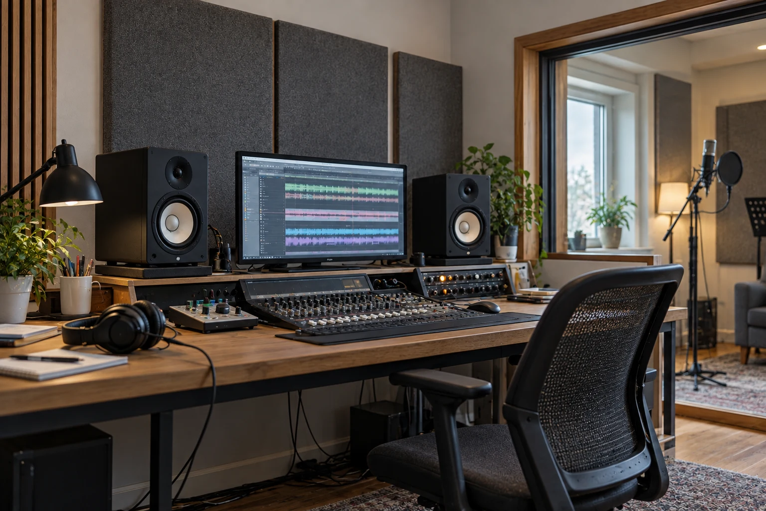 Régie audio avec console, enceintes de monitoring et casque