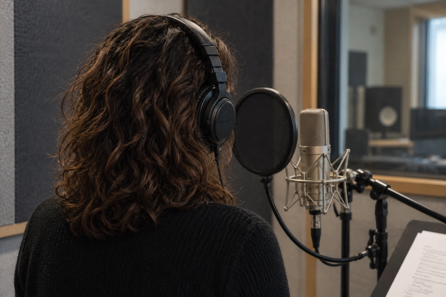 Comédienne voix off vue de dos, au casque devant un microphone